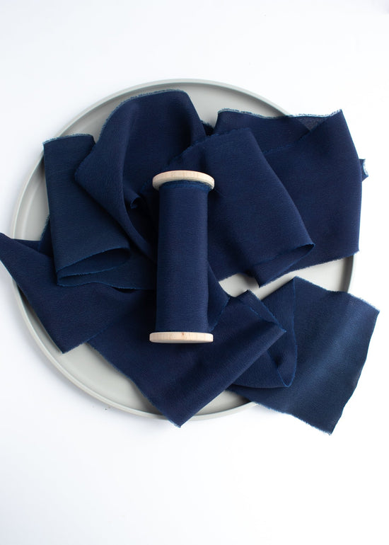 Load image into Gallery viewer, Deep Navy Blue Silk Ribbon in Crepe de Chine - The Lesser Bear
